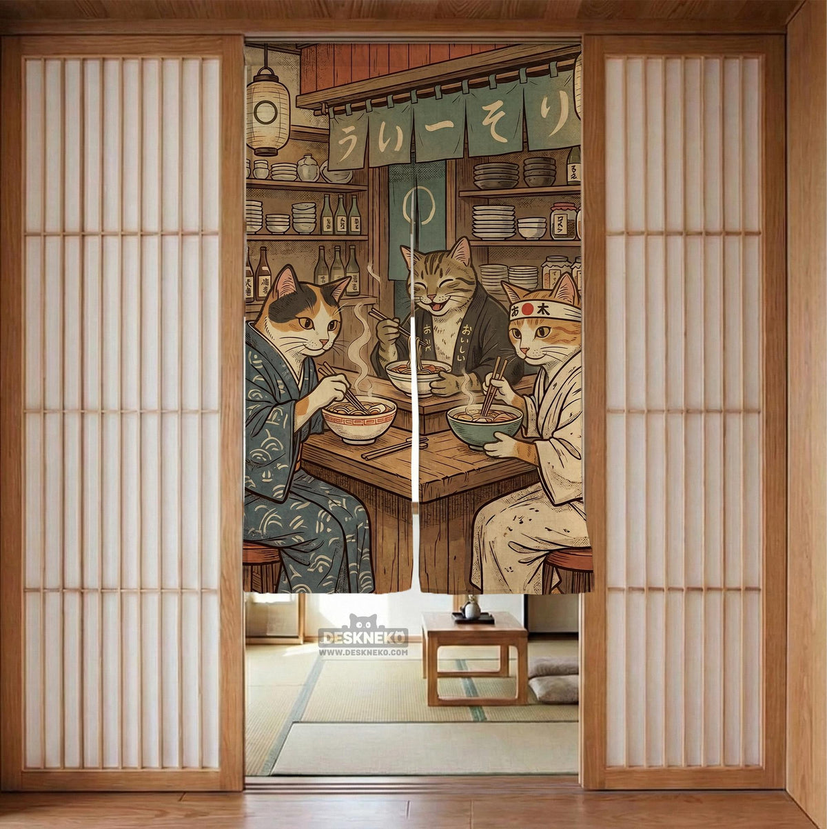 A split-panel Japanese noren curtain showing a ramen shop scene with three cats, warm lantern light, and vintage-style artwork in beige, muted teal, and brown tones.