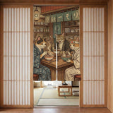 A split-panel Japanese noren curtain showing a ramen shop scene with three cats, warm lantern light, and vintage-style artwork in beige, muted teal, and brown tones.
