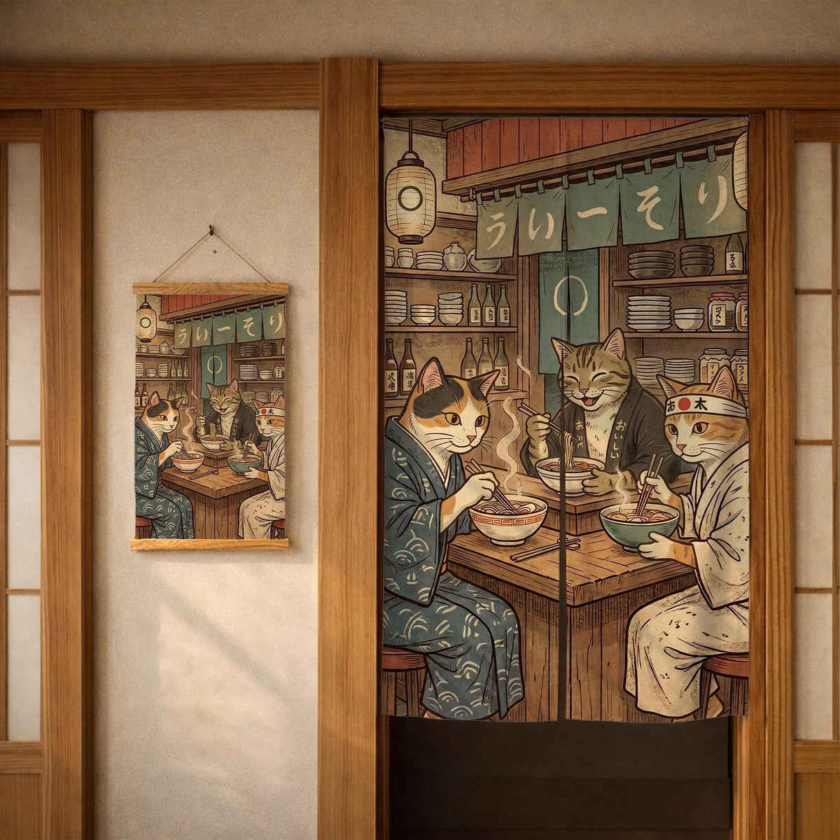 A split-panel Japanese noren curtain showing a ramen shop scene with three cats, warm lantern light, and vintage-style artwork in beige, muted teal, and brown tones.