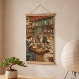 A split-panel Japanese noren curtain showing a ramen shop scene with three cats, warm lantern light, and vintage-style artwork in beige, muted teal, and brown tones.