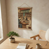 A split-panel Japanese noren curtain showing a ramen shop scene with three cats, warm lantern light, and vintage-style artwork in beige, muted teal, and brown tones.