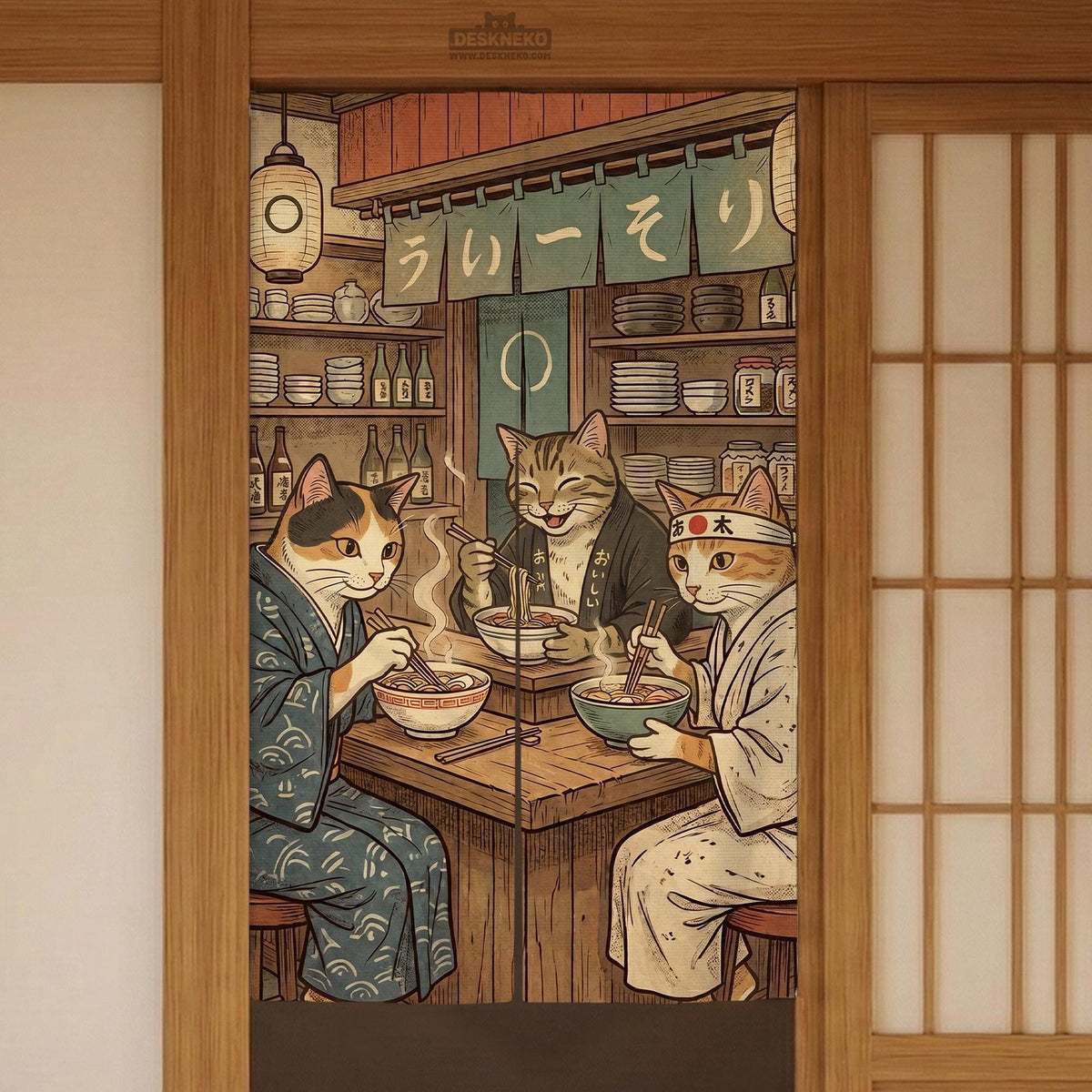 A split-panel Japanese noren curtain showing a ramen shop scene with three cats, warm lantern light, and vintage-style artwork in beige, muted teal, and brown tones.