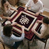 Square burgundy mahjong mat with a cherry blossom floral border and a dark open center.