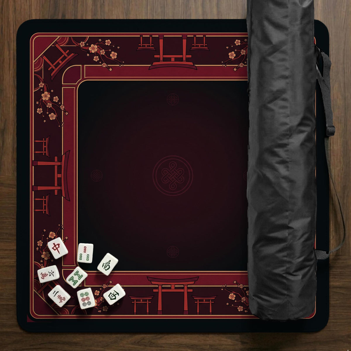 Square burgundy mahjong mat with a cherry blossom floral border and a dark open center.