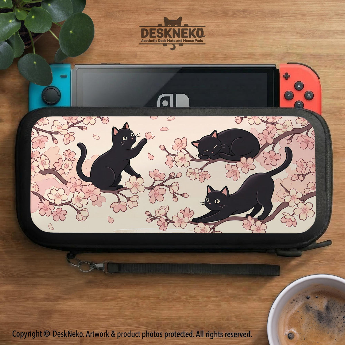 Switch case with black cats and cherry blossoms on a light pastel background.