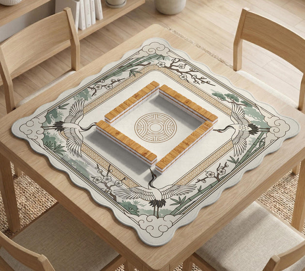 Square mahjong table mat with a cream center and a border design of cranes, bamboo, plum blossoms, and a geometric frame in sage green and warm gold.