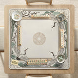 Square mahjong table mat with a cream center and a border design of cranes, bamboo, plum blossoms, and a geometric frame in sage green and warm gold.