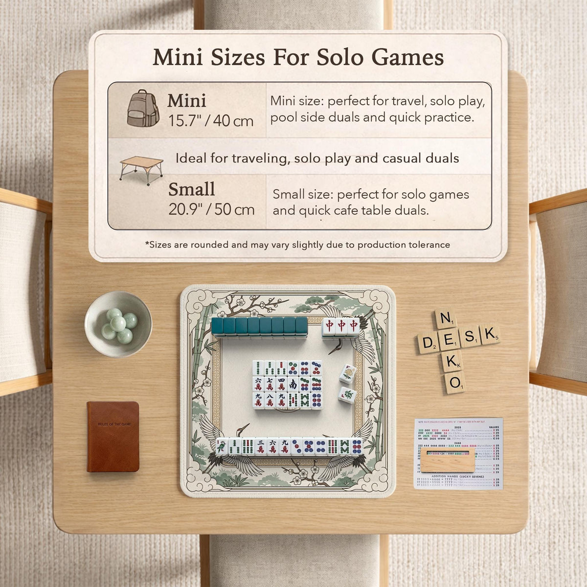 Square mahjong table mat with a cream center and a border design of cranes, bamboo, plum blossoms, and a geometric frame in sage green and warm gold.