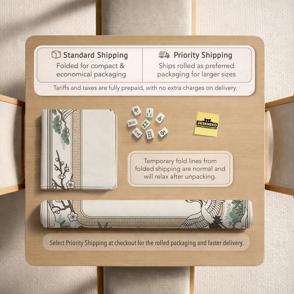 Square mahjong table mat with a cream center and a border design of cranes, bamboo, plum blossoms, and a geometric frame in sage green and warm gold.