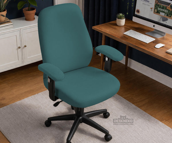 Solid teal chair cover shown as a fitted slipcover for a high back office or gaming chair, with multiple style options mentioned in the listing.