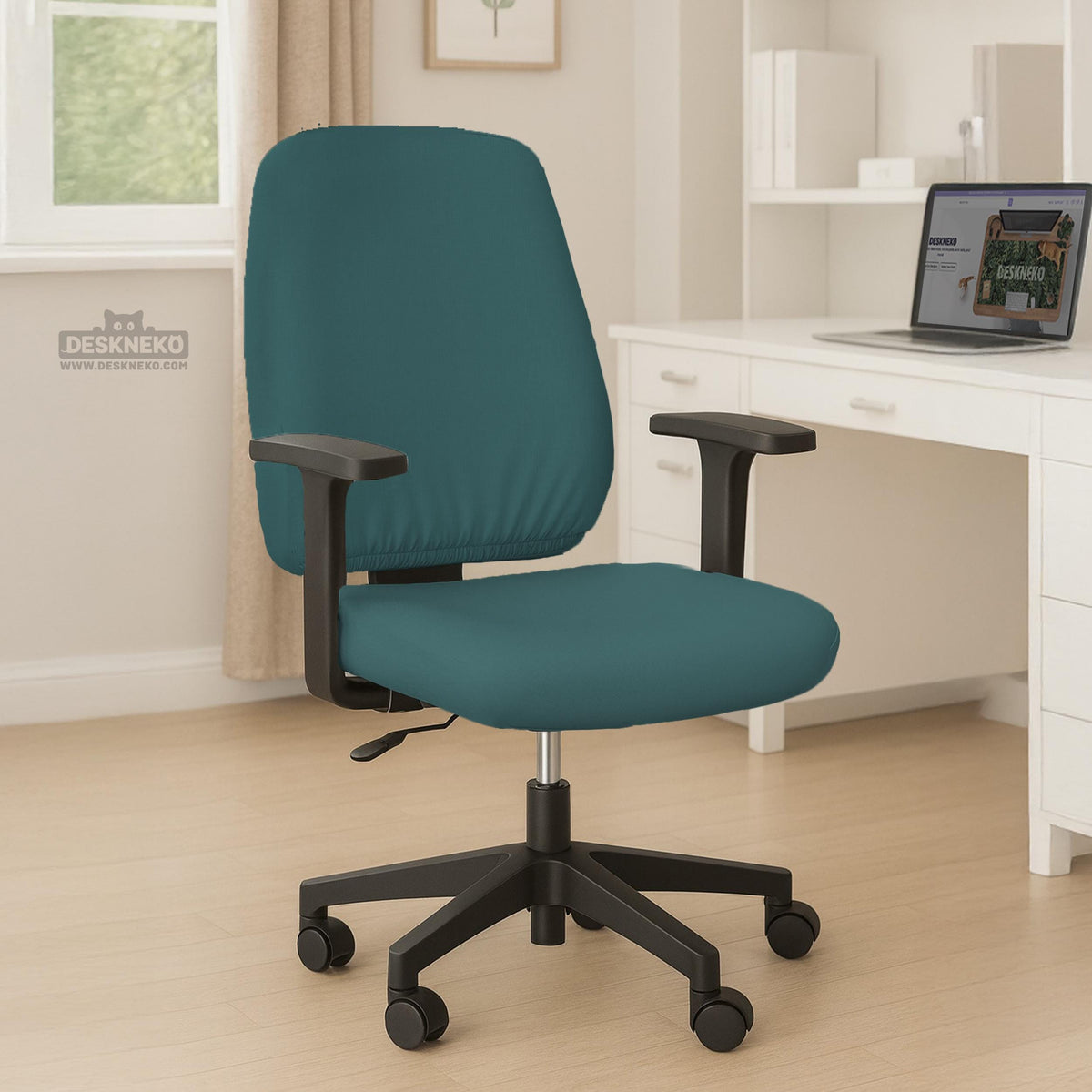 Solid teal chair cover shown as a fitted slipcover for a high back office or gaming chair, with multiple style options mentioned in the listing.