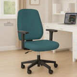 Solid teal chair cover shown as a fitted slipcover for a high back office or gaming chair, with multiple style options mentioned in the listing.