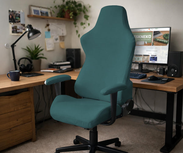 Solid teal chair cover shown as a fitted slipcover for a high back office or gaming chair, with multiple style options mentioned in the listing.