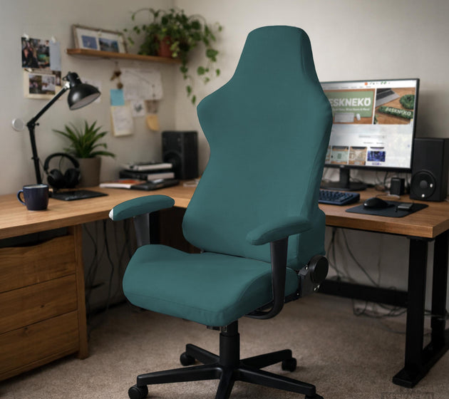 Solid teal chair cover shown as a fitted slipcover for a high back office or gaming chair, with multiple style options mentioned in the listing.