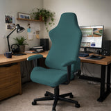Solid teal chair cover shown as a fitted slipcover for a high back office or gaming chair, with multiple style options mentioned in the listing.