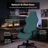 Solid teal chair cover shown as a fitted slipcover for a high back office or gaming chair, with multiple style options mentioned in the listing.