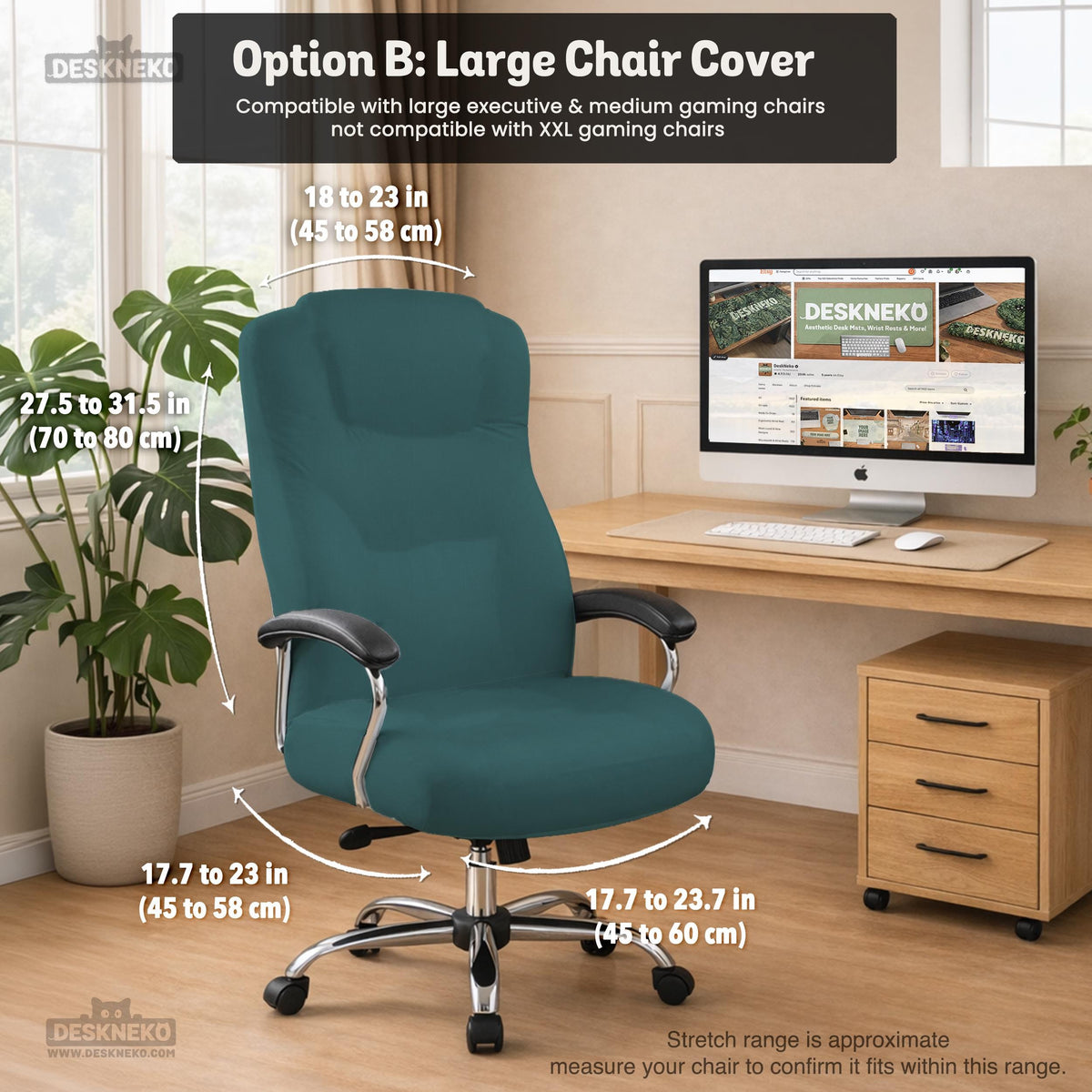 Solid teal chair cover shown as a fitted slipcover for a high back office or gaming chair, with multiple style options mentioned in the listing.