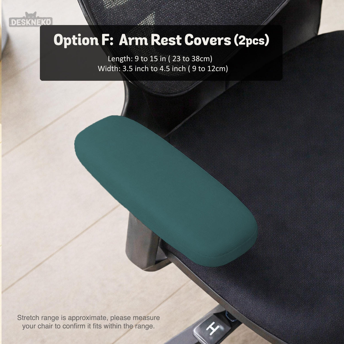 Solid teal chair cover shown as a fitted slipcover for a high back office or gaming chair, with multiple style options mentioned in the listing.