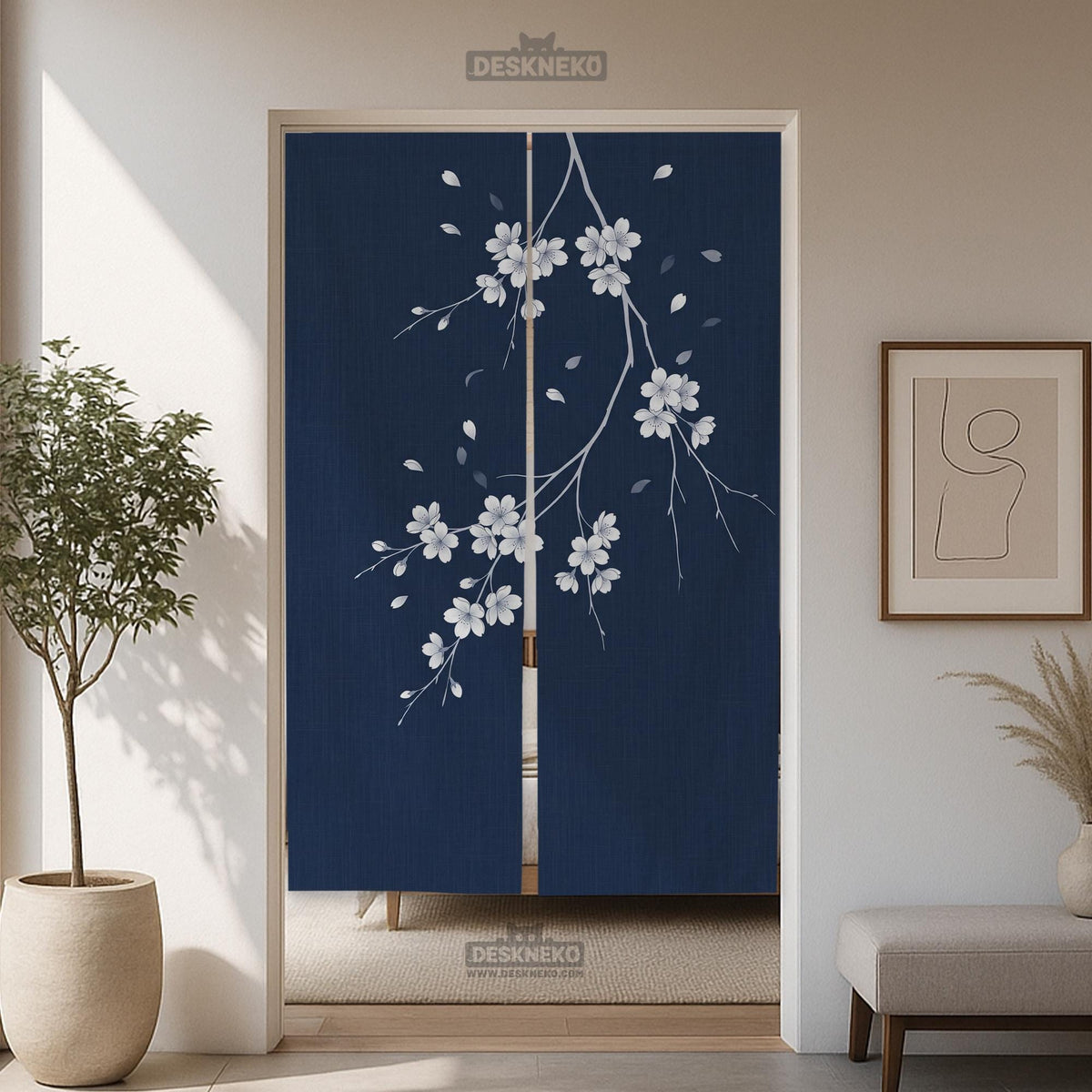 Navy door curtain with pink cherry blossom branches and a light floral layout on a dark background.