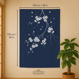 Navy door curtain with pink cherry blossom branches and a light floral layout on a dark background.