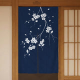 Navy door curtain with pink cherry blossom branches and a light floral layout on a dark background.