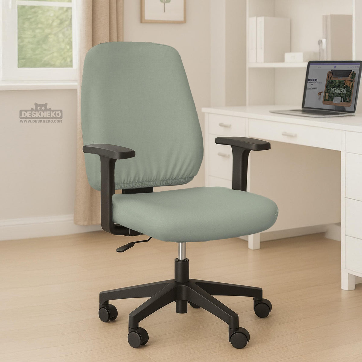 Sage green chair cover options shown for a high back gaming or office chair, including full chair cover, back and seat cover, seat-only cover, and armrest-only cover styles.