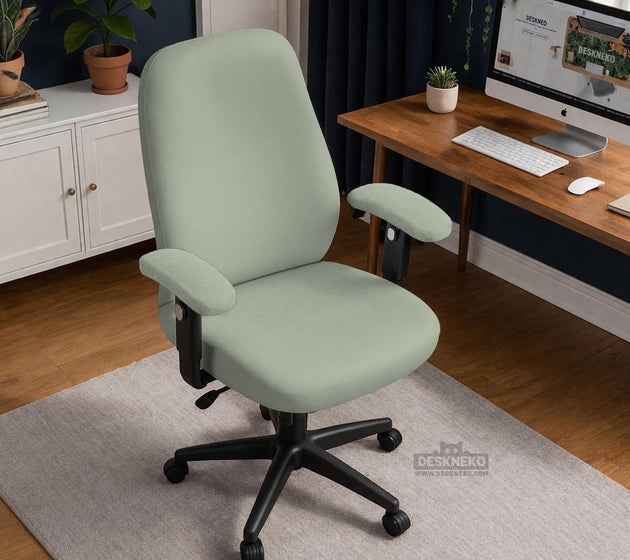 Sage green chair cover options shown for a high back gaming or office chair, including full chair cover, back and seat cover, seat-only cover, and armrest-only cover styles.