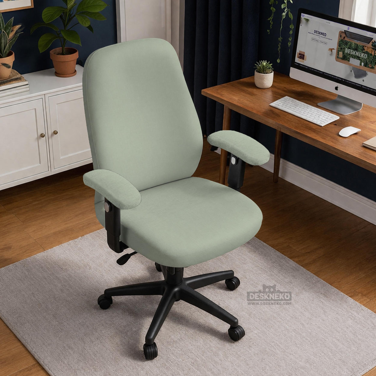 Sage green chair cover options shown for a high back gaming or office chair, including full chair cover, back and seat cover, seat-only cover, and armrest-only cover styles.