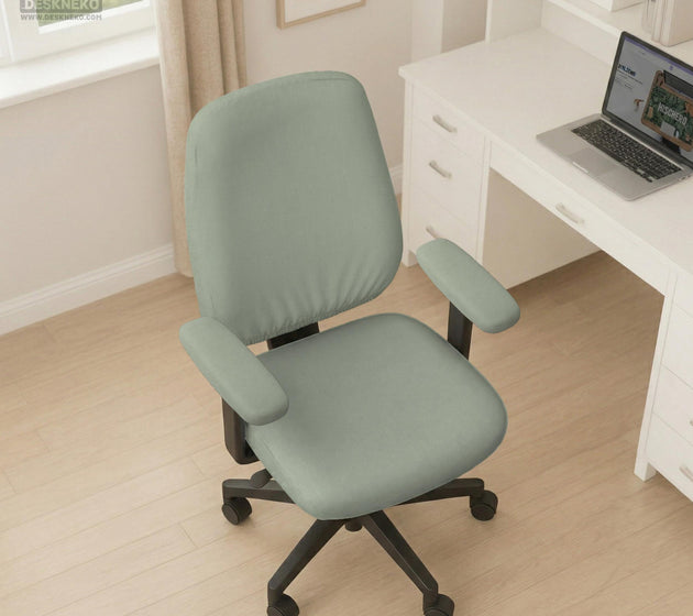 Sage green chair cover options shown for a high back gaming or office chair, including full chair cover, back and seat cover, seat-only cover, and armrest-only cover styles.