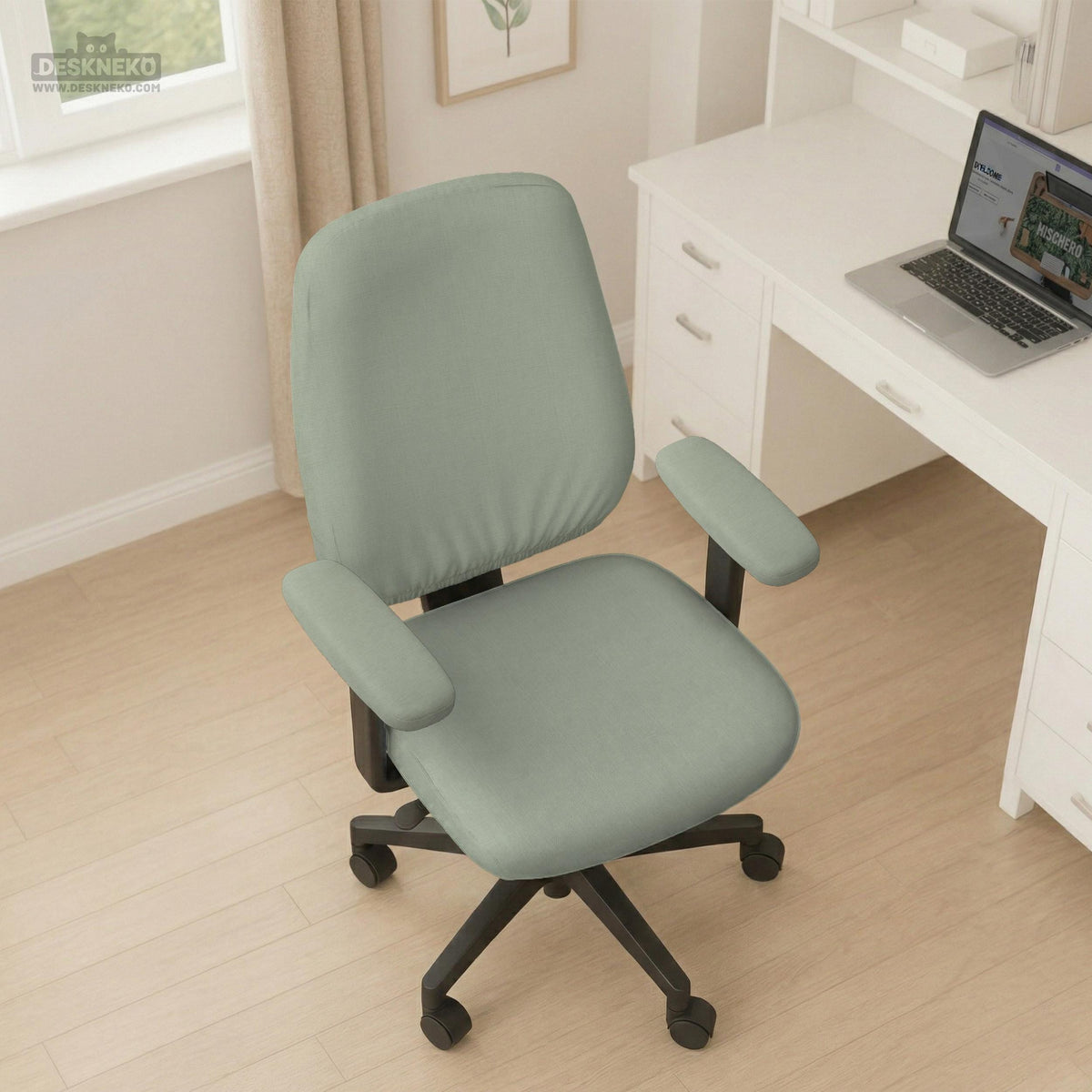 Sage green chair cover options shown for a high back gaming or office chair, including full chair cover, back and seat cover, seat-only cover, and armrest-only cover styles.