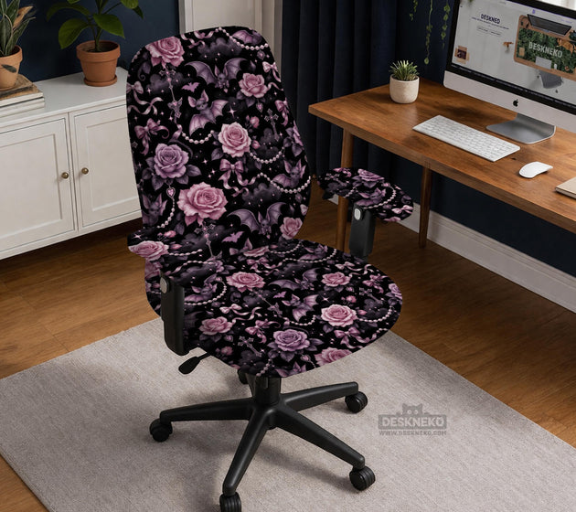 Desk chair cover design with pink roses, small bats, moons, pearls, and ribbon details on a black background.