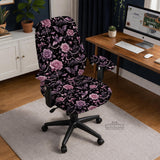 Desk chair cover design with pink roses, small bats, moons, pearls, and ribbon details on a black background.