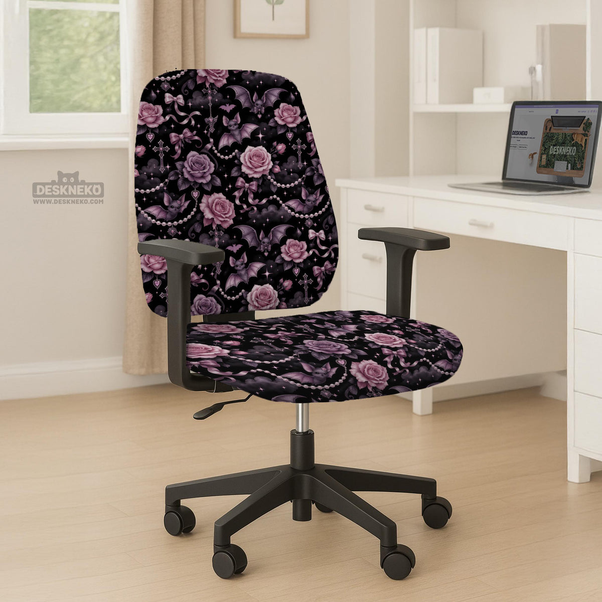 Desk chair cover design with pink roses, small bats, moons, pearls, and ribbon details on a black background.