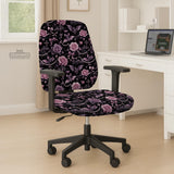 Desk chair cover design with pink roses, small bats, moons, pearls, and ribbon details on a black background.
