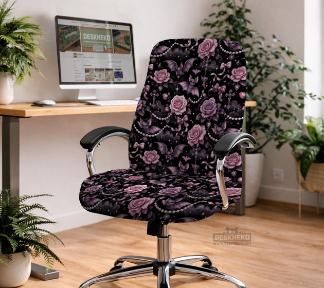 Desk chair cover design with pink roses, small bats, moons, pearls, and ribbon details on a black background.
