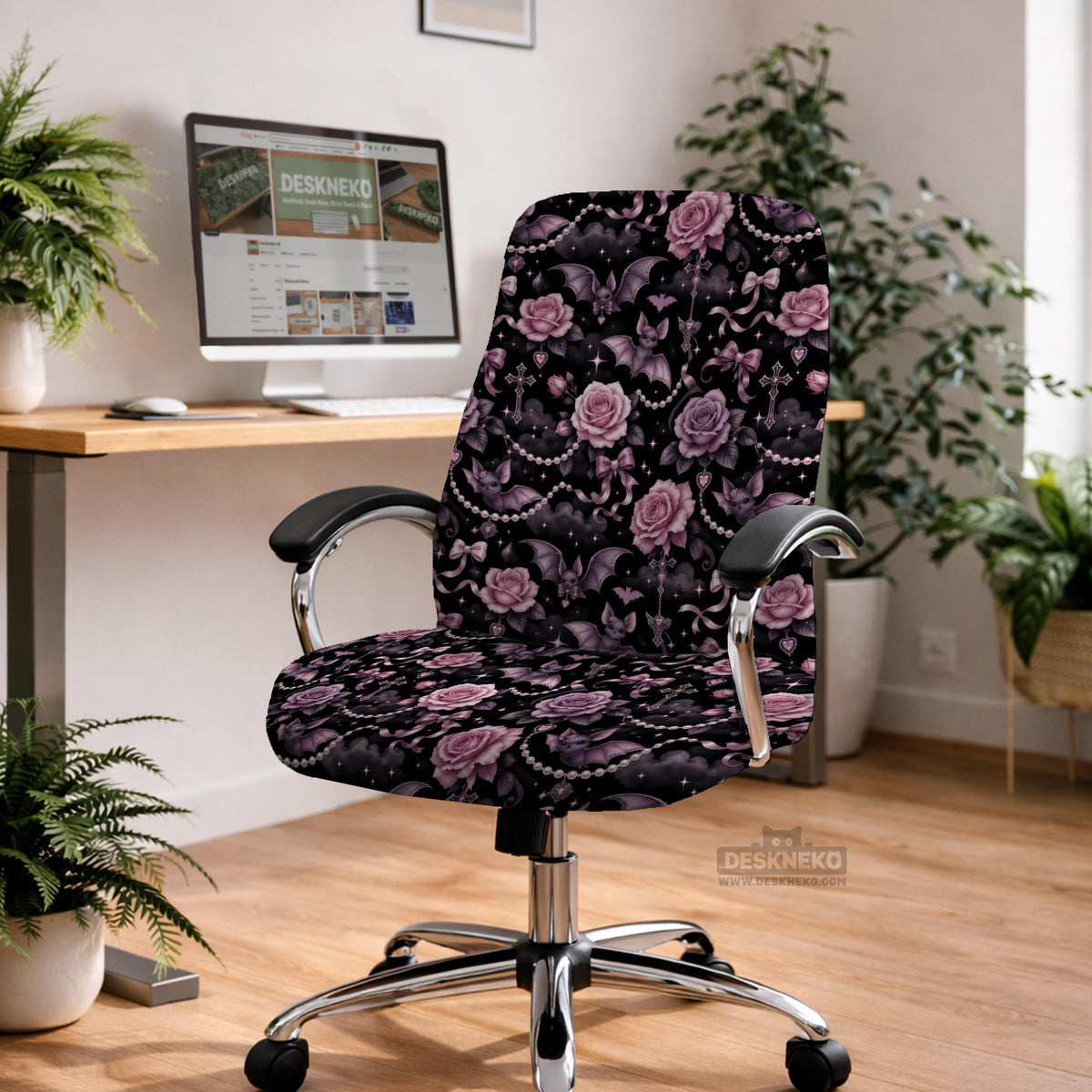 Desk chair cover design with pink roses, small bats, moons, pearls, and ribbon details on a black background.