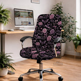 Desk chair cover design with pink roses, small bats, moons, pearls, and ribbon details on a black background.