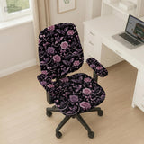 Desk chair cover design with pink roses, small bats, moons, pearls, and ribbon details on a black background.