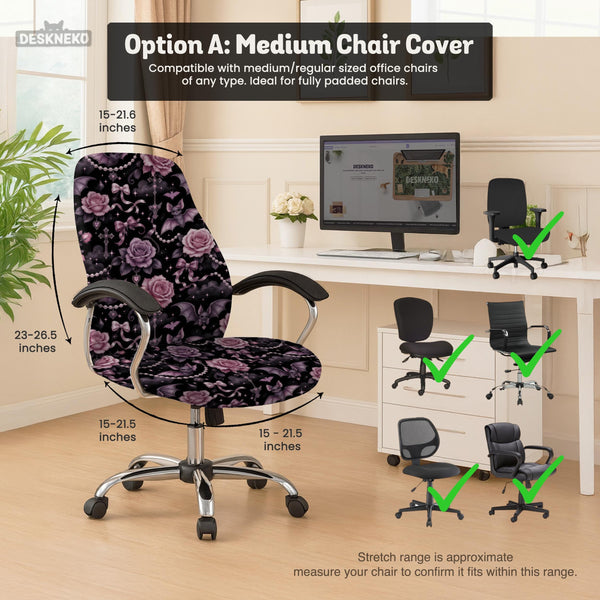 Desk chair cover design with pink roses, small bats, moons, pearls, and ribbon details on a black background.