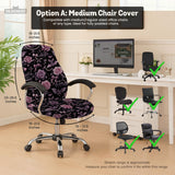 Desk chair cover design with pink roses, small bats, moons, pearls, and ribbon details on a black background.
