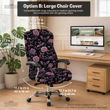 Desk chair cover design with pink roses, small bats, moons, pearls, and ribbon details on a black background.
