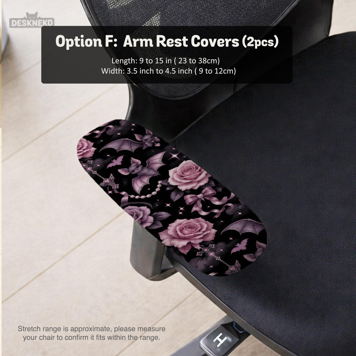 Desk chair cover design with pink roses, small bats, moons, pearls, and ribbon details on a black background.