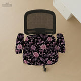 Desk chair cover design with pink roses, small bats, moons, pearls, and ribbon details on a black background.