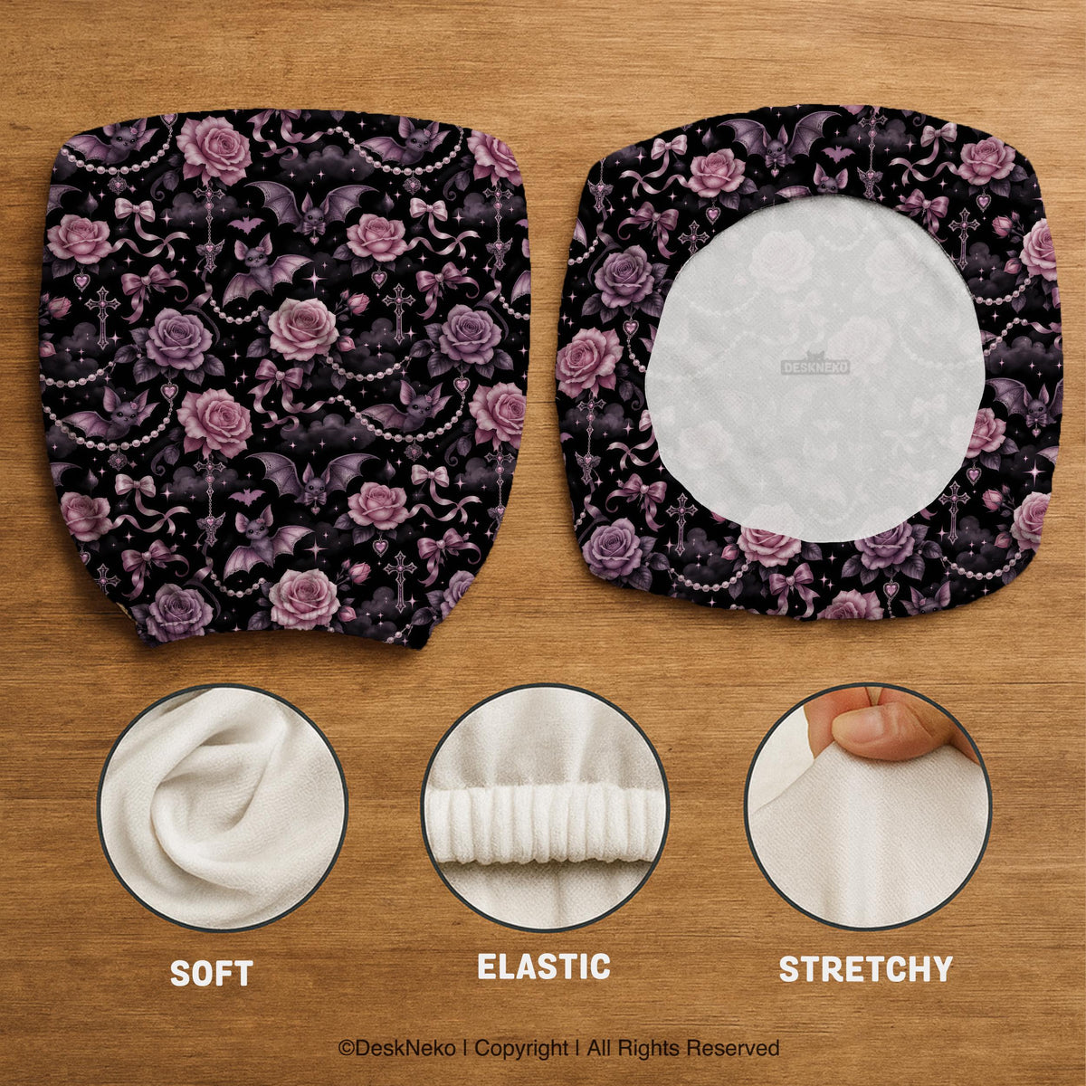 Desk chair cover design with pink roses, small bats, moons, pearls, and ribbon details on a black background.