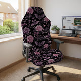 Desk chair cover design with pink roses, small bats, moons, pearls, and ribbon details on a black background.