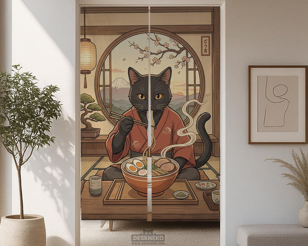 A decorative door curtain with a black cat design, cherry blossoms, and warm neutral background tones.