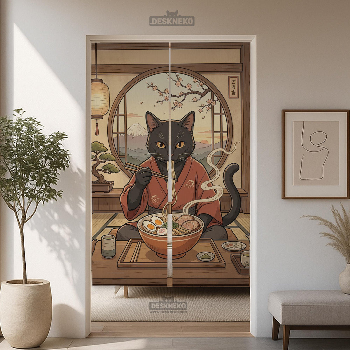 A decorative door curtain with a black cat design, cherry blossoms, and warm neutral background tones.