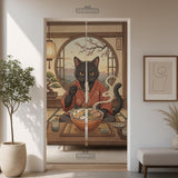 A decorative door curtain with a black cat design, cherry blossoms, and warm neutral background tones.