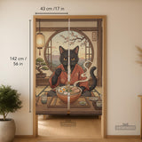 A decorative door curtain with a black cat design, cherry blossoms, and warm neutral background tones.