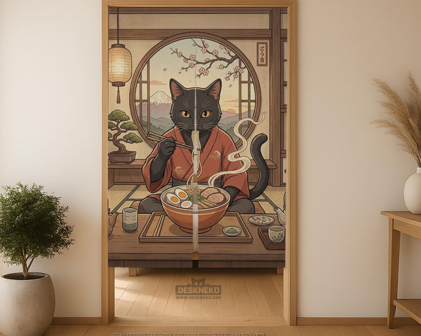 A decorative door curtain with a black cat design, cherry blossoms, and warm neutral background tones.